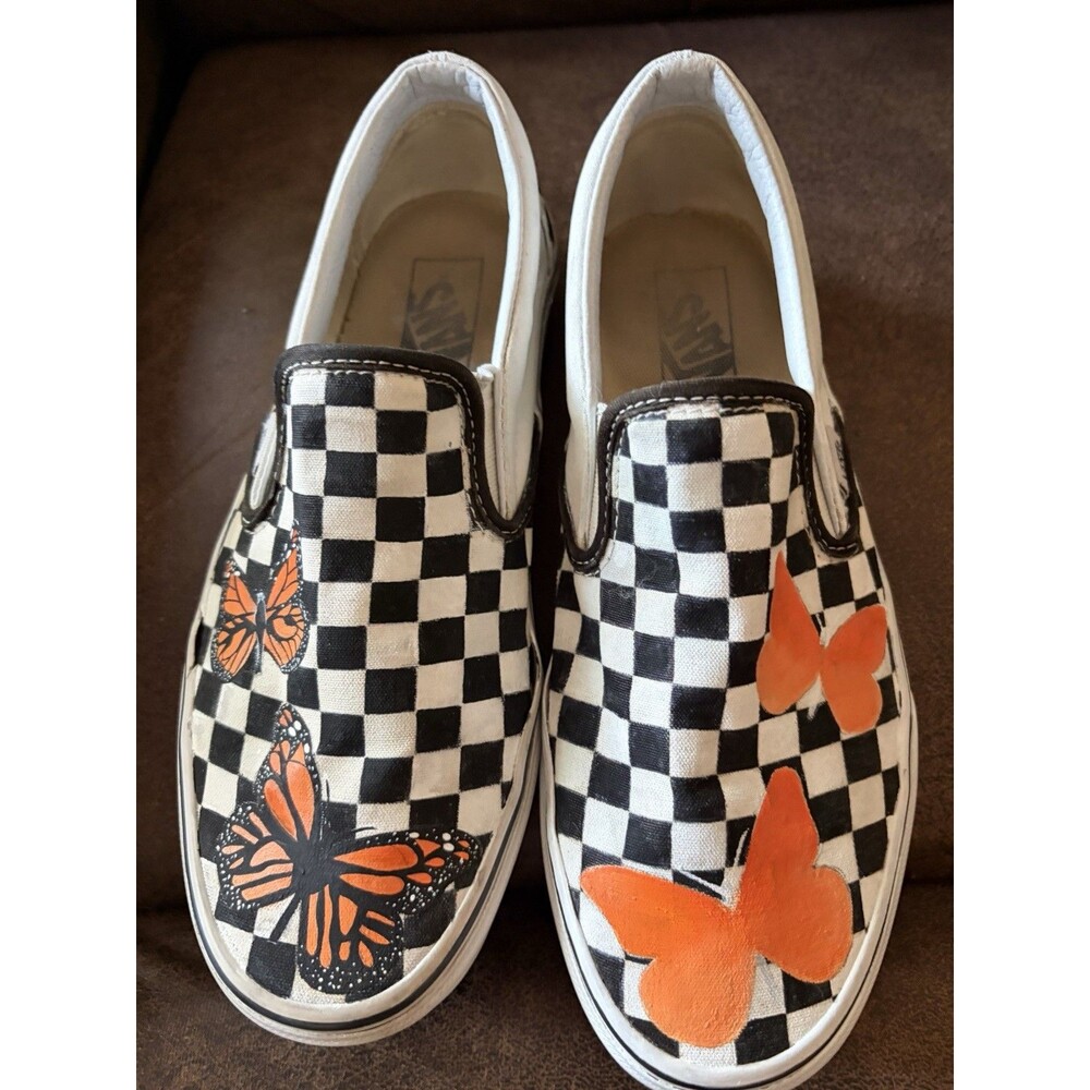 Vans Checkered Hand painted Butterfly Monarch Sneakers Women Slip On Shoe 9.5m - Picture 2 of 15